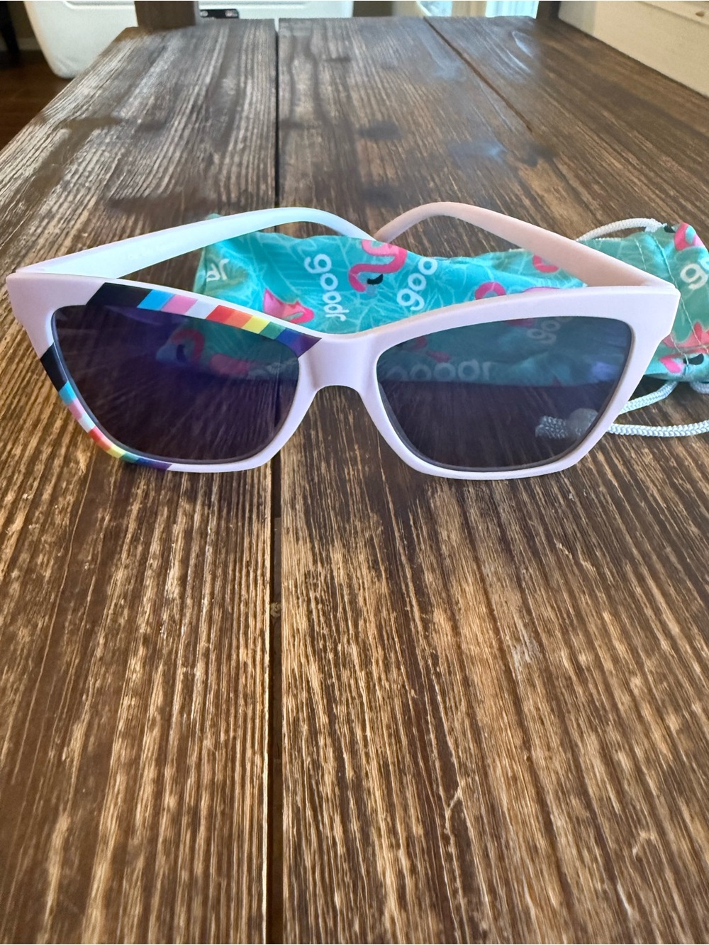 White Cat-Eye Sunglasses Pink with Rainbow Accent Brand Goodr